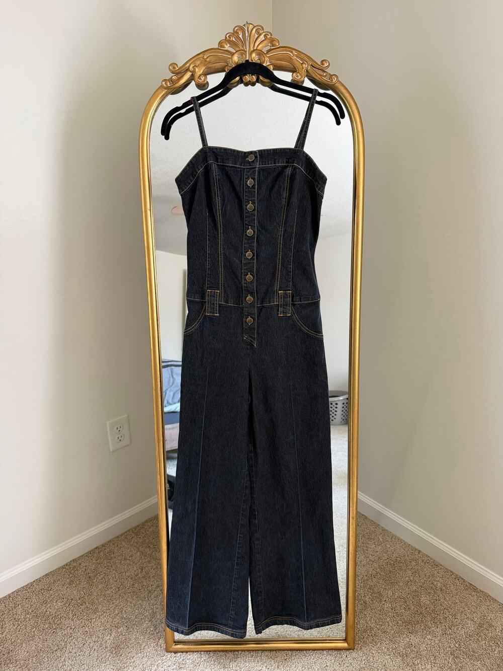 Vintage Y2K Bisou Bisou Denim Dark Wash Button Wide Leg Jumpsuit